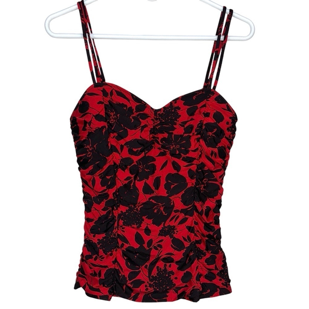 Jantzen Red And Black Ruched Floral Tankini Top